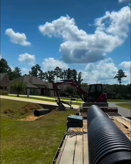 Excavator lifting a black corrugated culvert pipe off a trailer beside a house